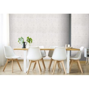 Helle Vliestapete „Alpine White“ von Superfresco Easy im Raum mit Esstisch und Stühlen.