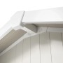 Detailansicht des graugrünen Grosfillex Gerätehauses: Dachkonstruktion und Wandelemente.
