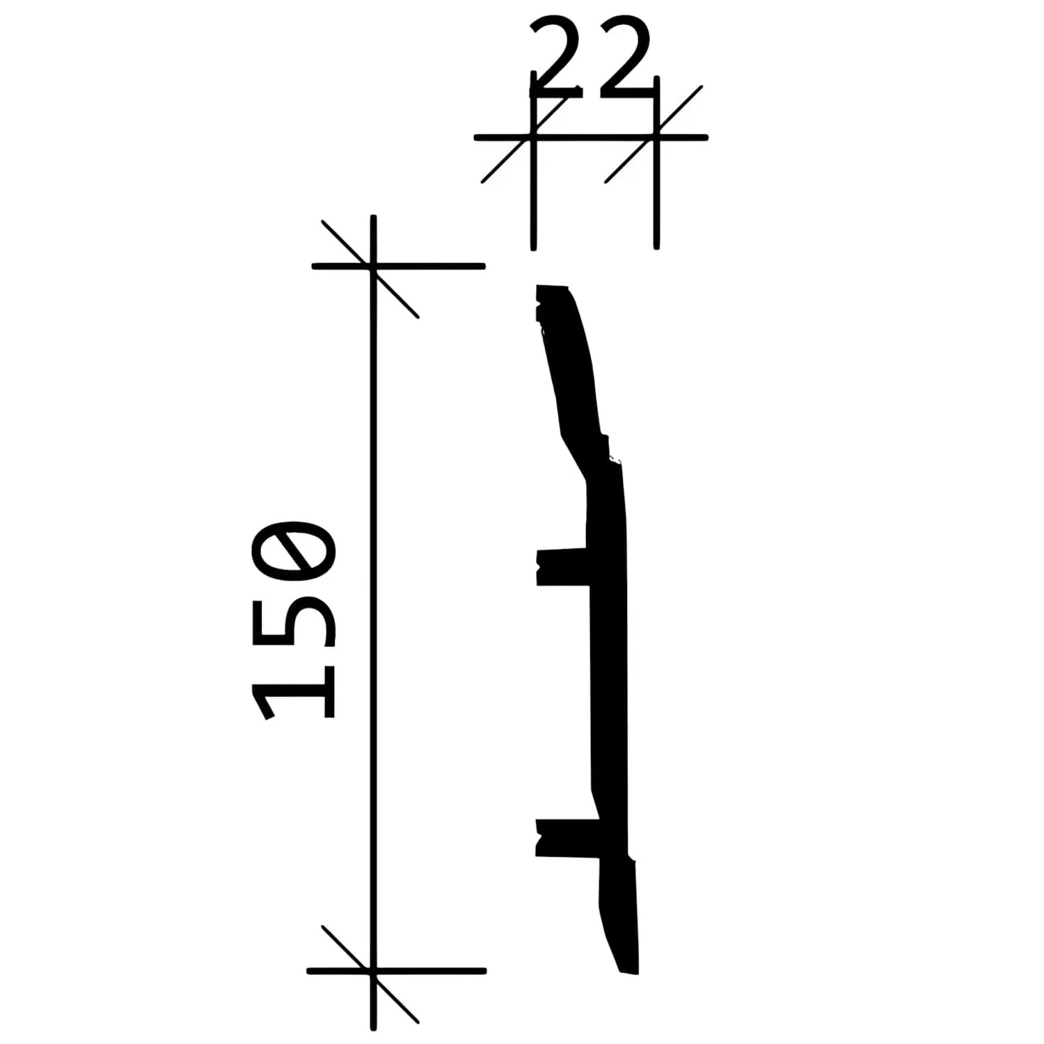Technische Zeichnung einer weißen PROFHOME Sockelleiste (150x22 mm) im 10er Set (20 m).