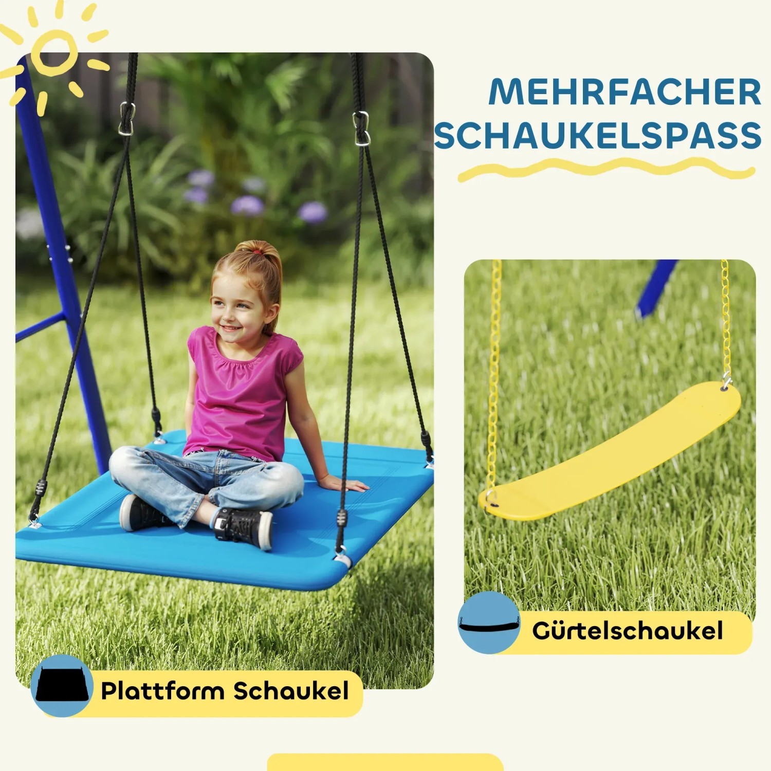 AIYAPLAY Kinderschaukel mit Plattform- und Gürtelschaukel für Kinder im Garten.