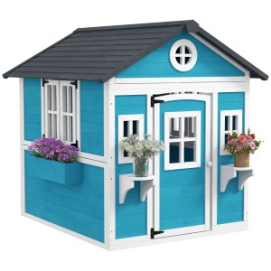 Blaues Outsunny Kinderspielhaus aus Holz mit Fenster und Blumenkästen für Kinder von 3-8 Jahren.