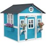 Blaues Outsunny Kinderspielhaus aus Holz mit Fenster und Blumenkästen für Kinder von 3-8 Jahren.