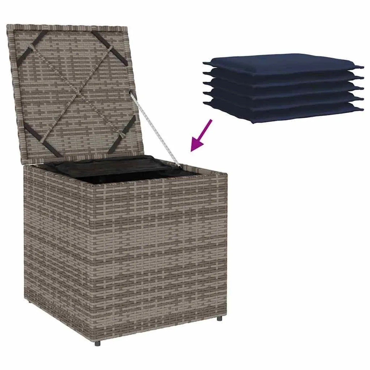 Graue vidaXL Kissenbox aus Poly-Rattan, 50x50x50 cm, mit geöffnetem Deckel und blauen Kissen.
