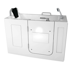 Weiße AquaVapore Senioren Sitzbadewanne mit Tür, Armaturen und Nackenstütze, 140 cm.