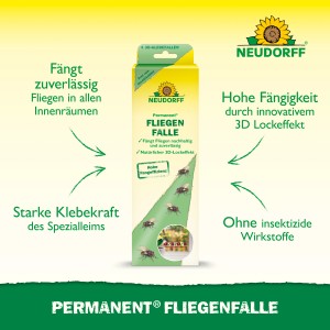 Neudorff Permanent Fliegenfalle, 4er-Packung. Insektizidfreie Klebefalle mit 3D-Lockeffekt für Innenräume.