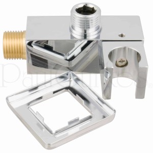 Detailaufnahme Wandanschlussbogen mit Brausehalter für PaulGurkes Duschset, verchromtes Messing.