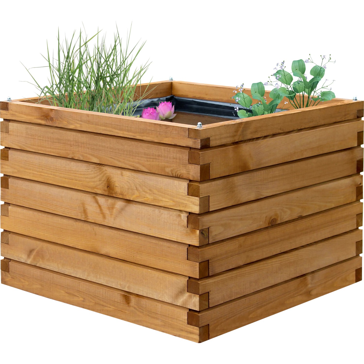 Quadratischer Dobar Gartenteich Alea aus Kiefernholz mit Teichfolie und Bepflanzung.