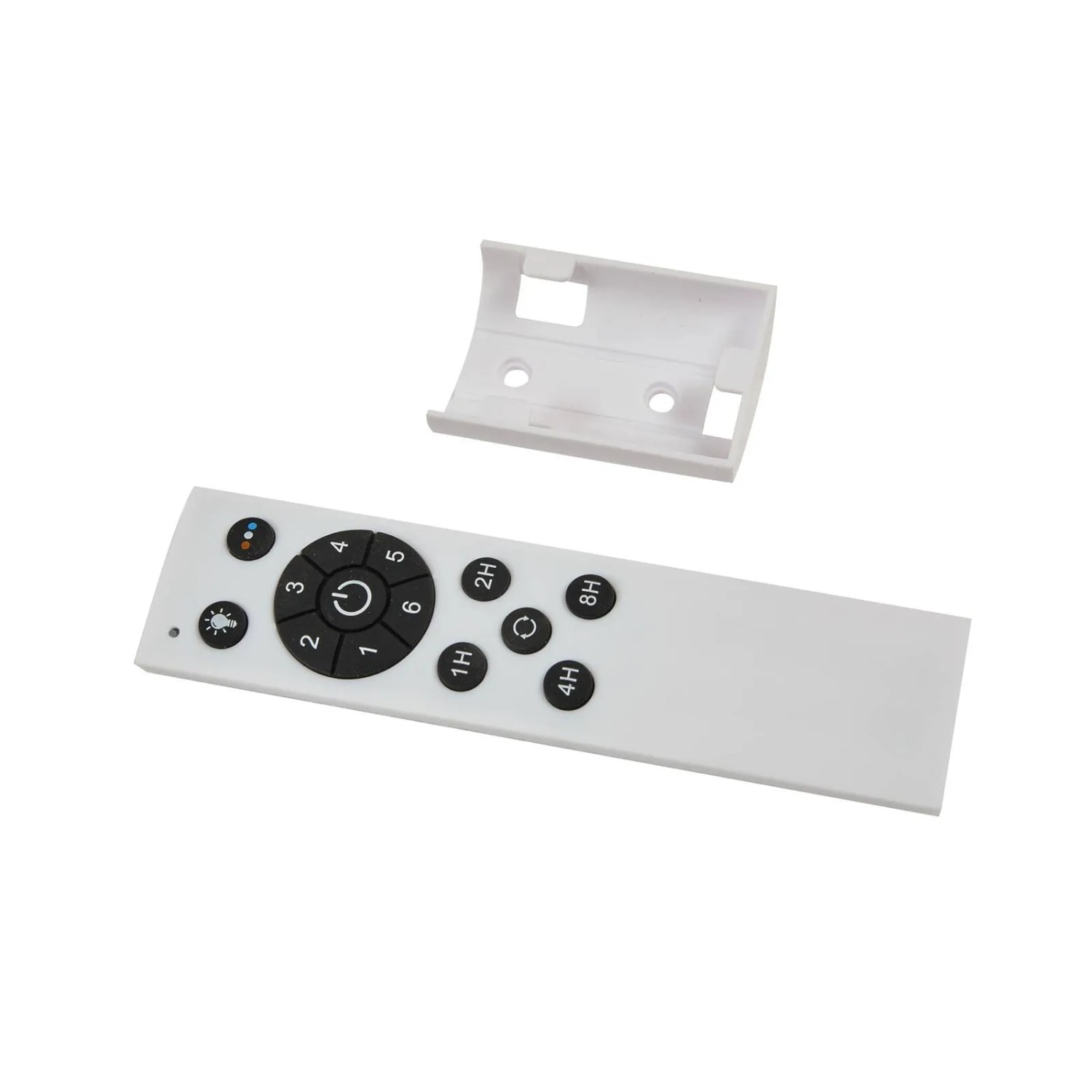 Fernbedienung für Lindby LED Deckenventilator Aerallo, weiß mit schwarzen Tasten.