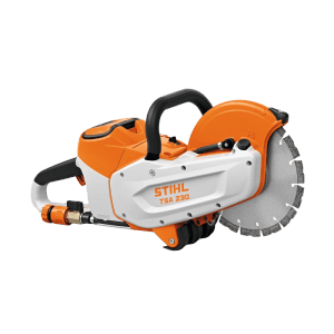 Stihl Akku-Trennschleifer TSA 230 in Orange-Grau mit großer Trennscheibe. Leistungsstarke Schleifmaschine für Bau und Garten.