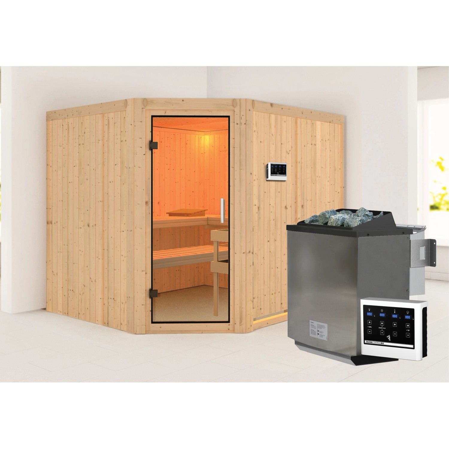 Karibu Sauna mit Bio-Ofen externe Stg.Easy Natur