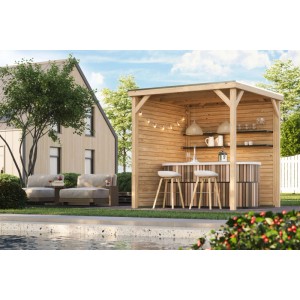Naturbelassener Karibu Pavillon Cannes XL (231x231cm) mit Bar und Sitzgelegenheiten im Garten.