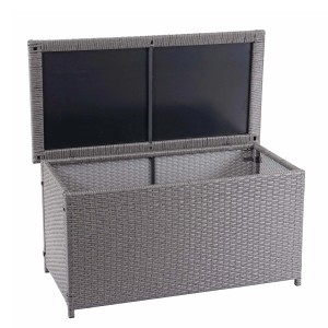 Geöffnete graue MCW Poly-Rattan Kissenbox, 250l, ideal zur Aufbewahrung im Garten.