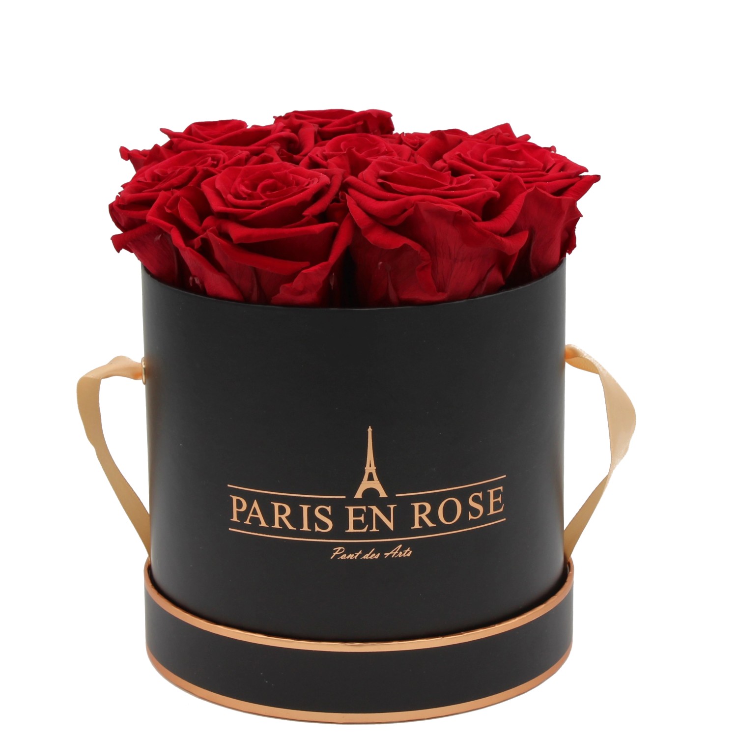 Rosenbox Ø 14,5 cm Schwarz-Roségold mit 9 Bordeaux Rosen