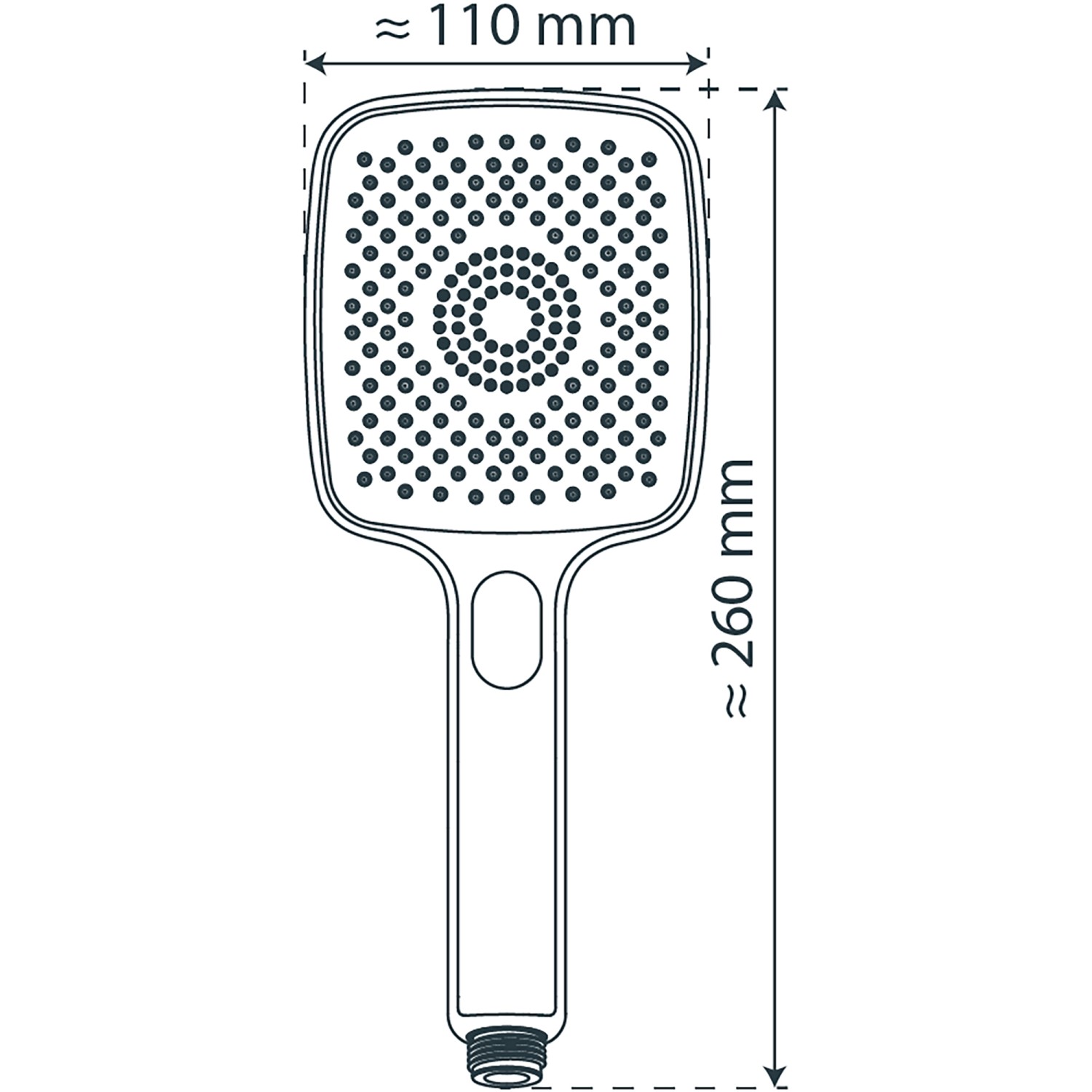Technische Zeichnung: Schütte Handbrause Hawaii, eckig, graphit matt, mit Maßen 110x260mm.