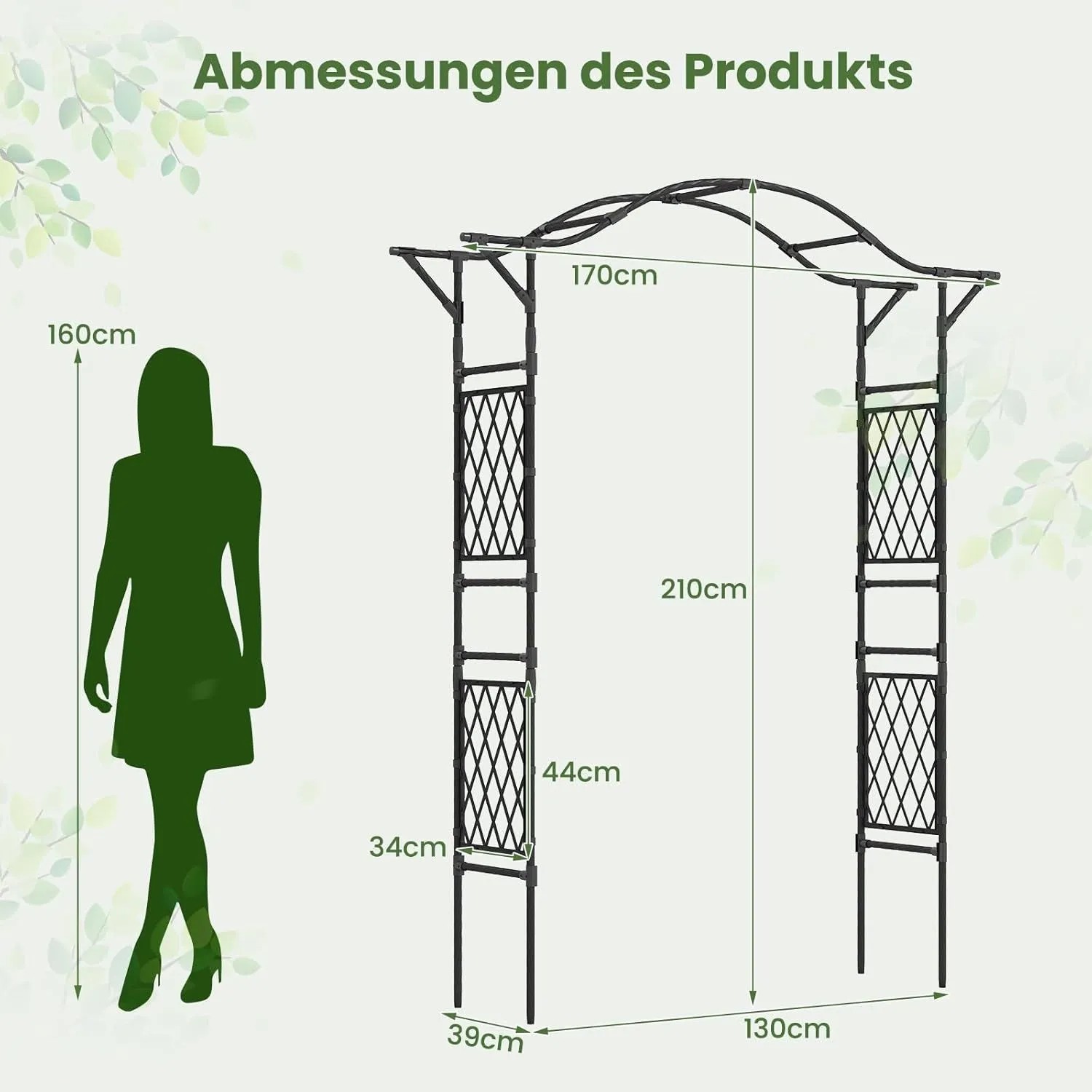 Schwarzer Costway Rosenbogen aus Metall mit Torbogen für den Garten, Maße: 170x39x210 cm.
