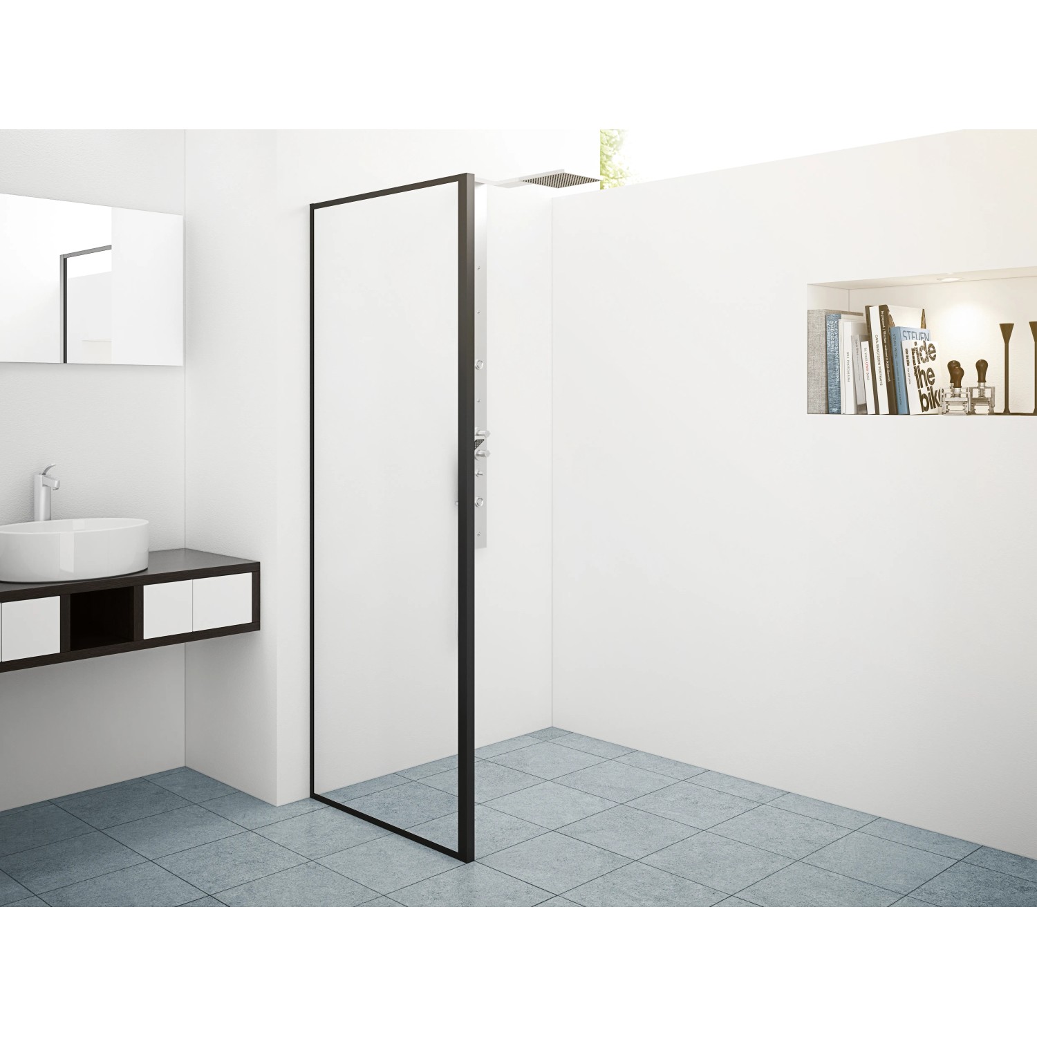 Baliv Seitenwand für Duschkabine DUK-90.91W, 90x195 cm, Schwarz, mit klarem Glas und schwarzem Rahmen.