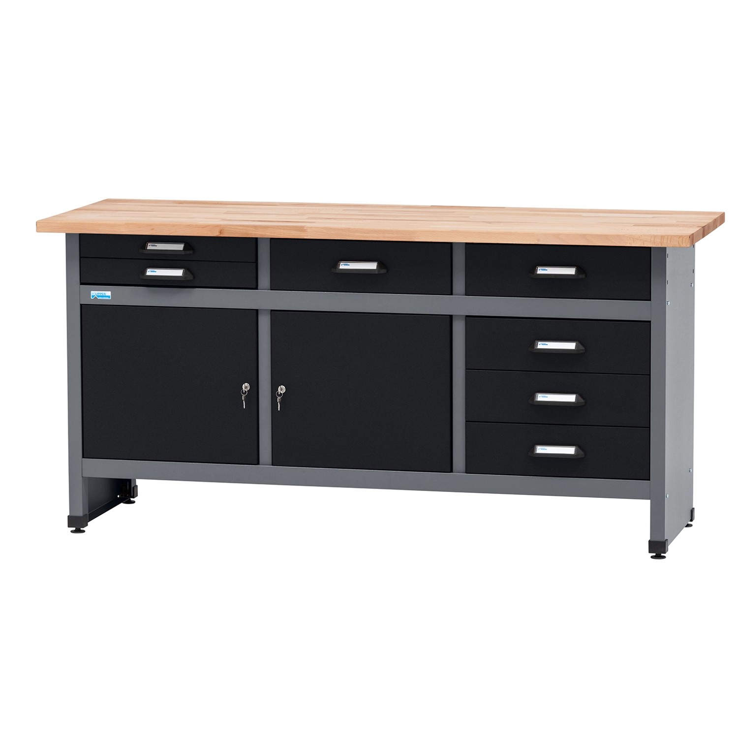 Küpper Werkbank m. 2 Türen & 7 Schubladen 84 x 170 x 60 cm Schwarz-Hellgrau günstig online kaufen