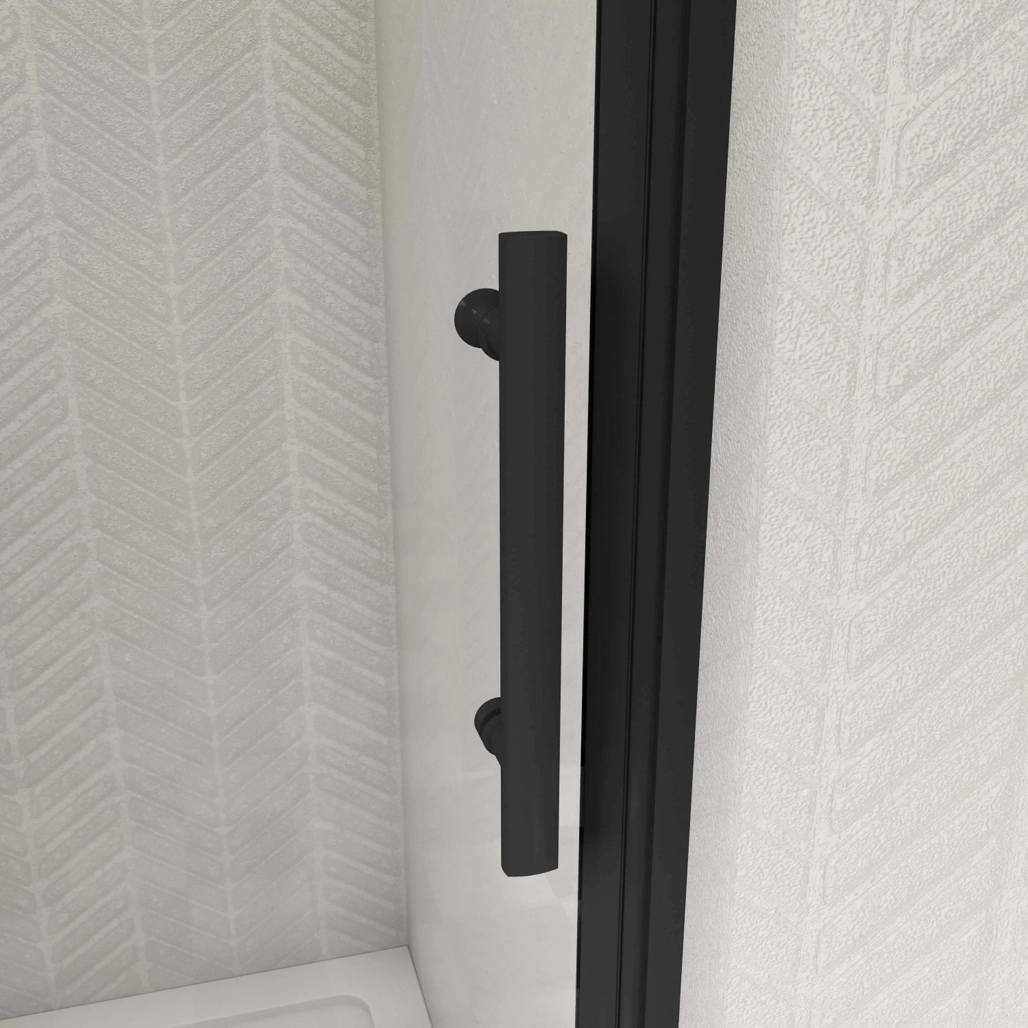 Detailaufnahme: Schwarze AICA Nischentür mit Griff, 6mm ESG Glas, Teil der Duschkabine.