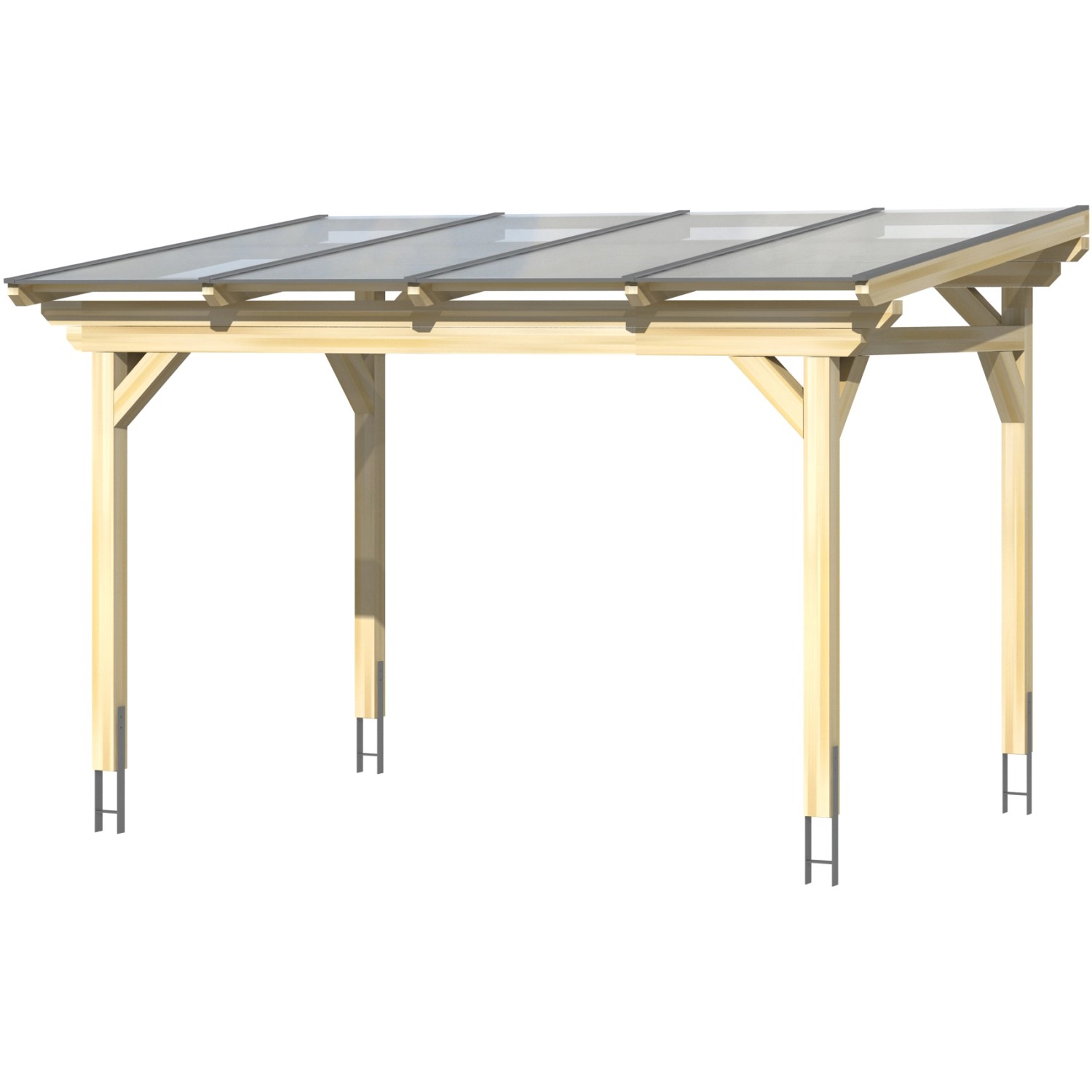 Freistehende Skan Holz Terrassenüberdachung Sanremo aus Leimholz in Nussbaum mit klarer Dacheindeckung.