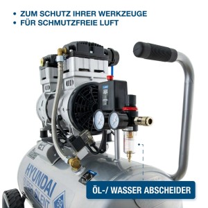 Hyundai Silent Kompressor mit integriertem Öl-/Wasserabscheider, Manometern und Druckregler. Für saubere Druckluft und Werkzeugschutz.