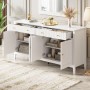 Weißes Merax Sideboard mit 4 Türen, 2 geriffelten Schubladen und goldenen Griffen. Offene Fächer zeigen Stauraum.
