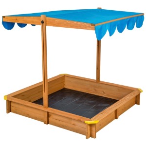 Tectake Sandkasten Emilia aus Holz mit blauem, verstellbarem Dach und Sitzrand.