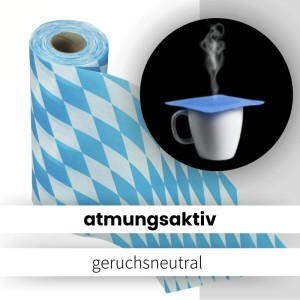 Sensalux Vlies-Tischläufer in Bayrischblau mit Rautenmuster, Rolle und Tasse mit Untersetzer.