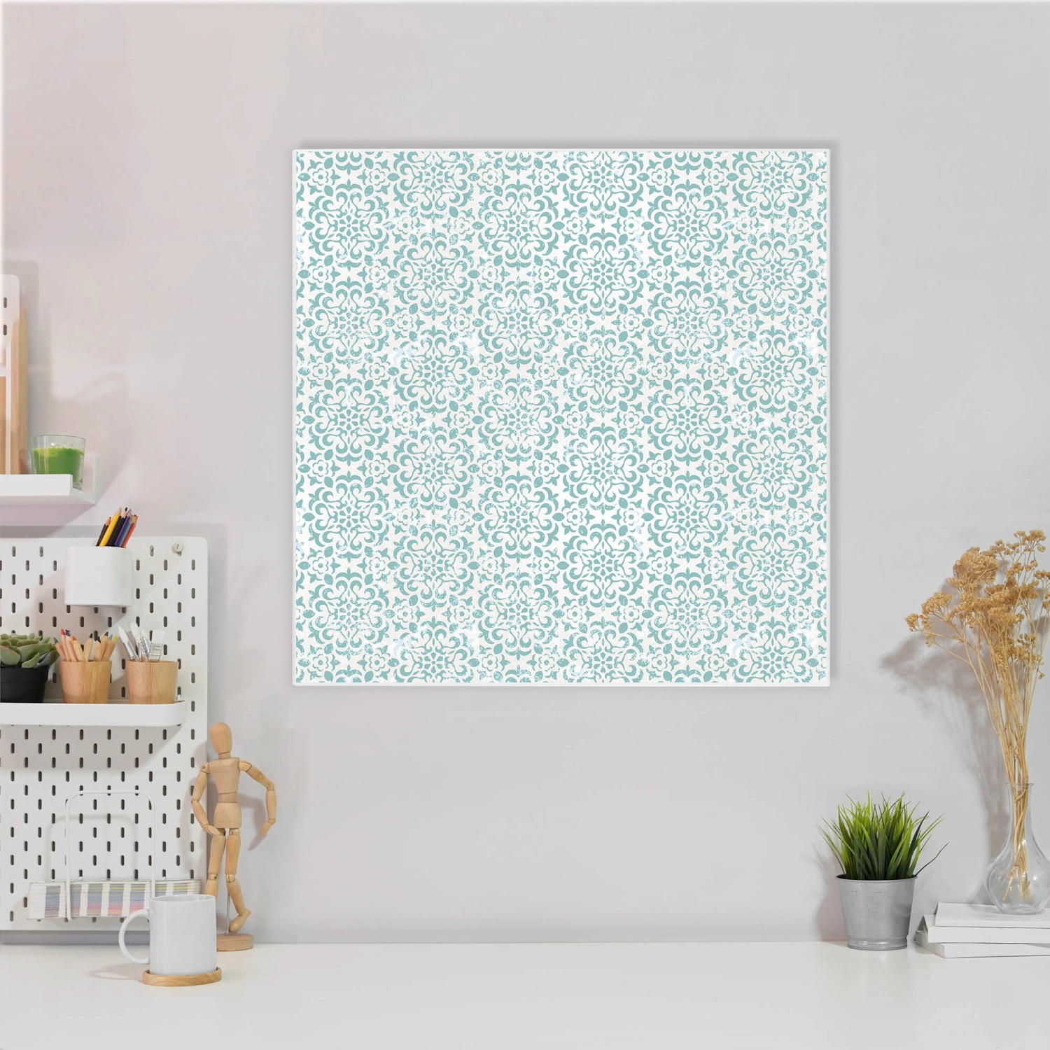 Banjado Magnettafel 50x50 cm, weiße Magnetwand mit blauem Muster, inklusive 4 Magnete.