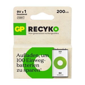 GP Recyko 9V Akku, 200mAh, wiederaufladbar. Ideal für Rauchmelder und Audiogeräte.