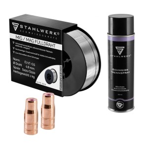 STAHLWERK Fülldraht-Set: 2 Düsen, 1 kg Draht 0,8 mm, Trennspray für Schweißgeräte.