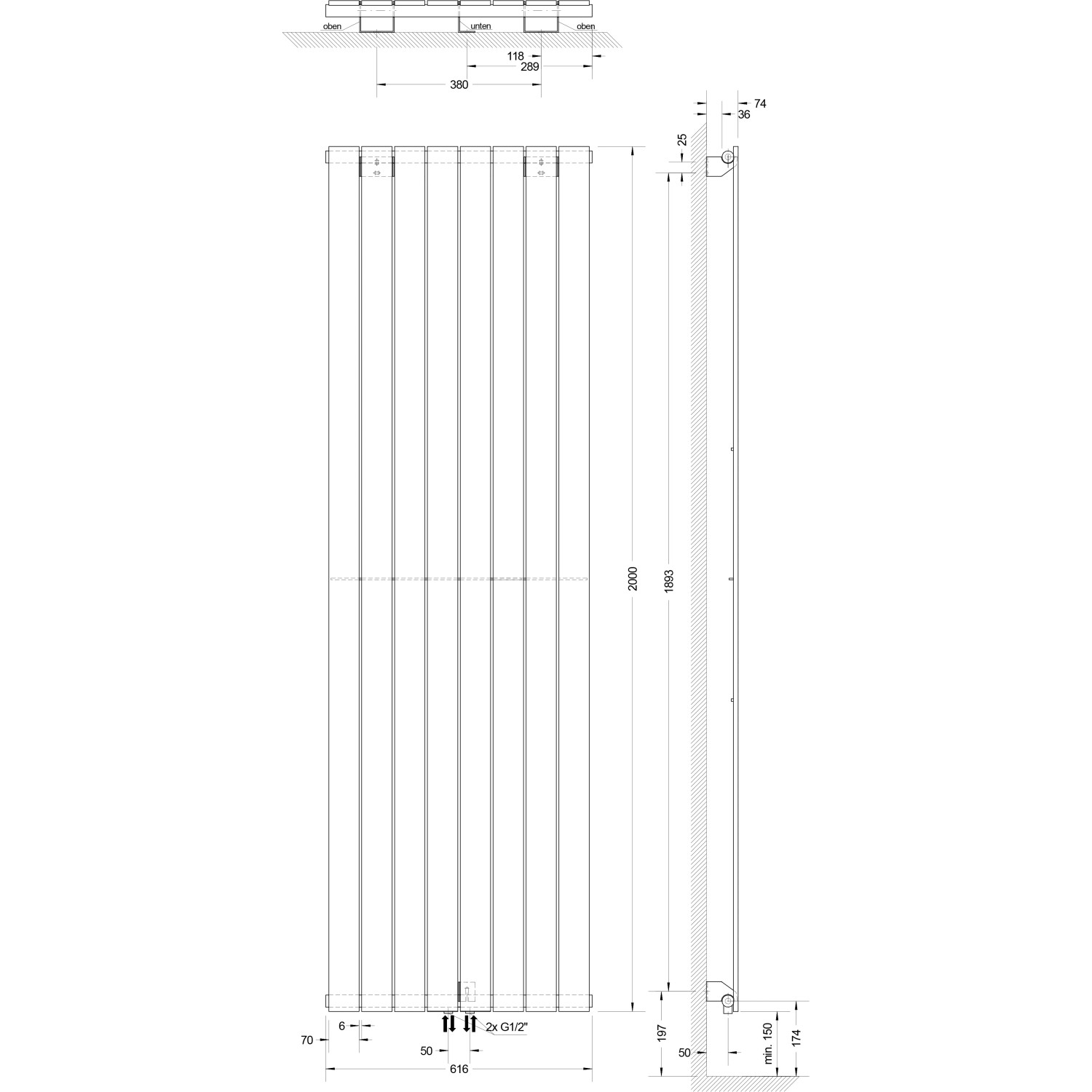 Technische Zeichnung: Schulte Design-Heizkörper Aachen, Mittelanschluss, alpinweiß, Maße und Details.