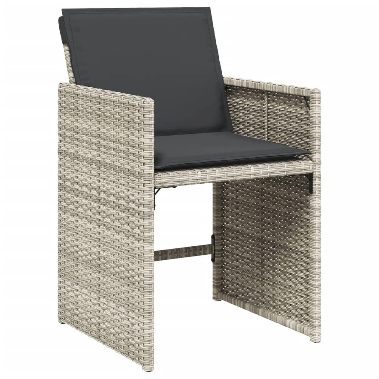 Gartenstuhl aus Rattan, hellgrau, mit anthrazitfarbenen Kissen, Teil der 5-tlg. Essgruppe von vidaXL.