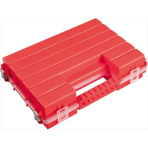 Roter LUX Sortierkasten Zwillingsbox, Aufbewahrungssystem mit Fächern und transparentem Deckel.