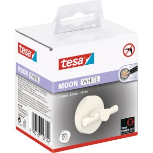 Tesa Moon White Bademantelhaken, weiße, matte Ausführung, inklusive Klebelösung in der Verpackung.
