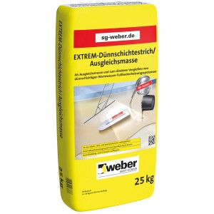 Sack Weber EXTREM-Dünnschichtestrich/Ausgleichsmasse 25 kg, gelbe Verpackung. Geeignet für Fußbodenheizungssysteme.