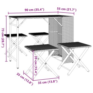 Faltbare 5-tlg. Garten-Essgruppe aus Poly Rattan in Schwarz: Tisch und 4 Hocker für Terrasse & Camping.