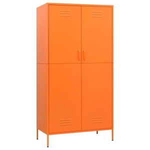 Oranger Kleiderschrank aus Stahl (90x50x180 cm) mit vier Türen und Lüftungsschlitzen.
