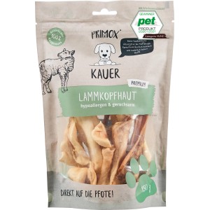 Primox Hunde-Snack Lammkopfhaut, getrocknet, 150g. Hypoallergener Kausnack für Hunde.