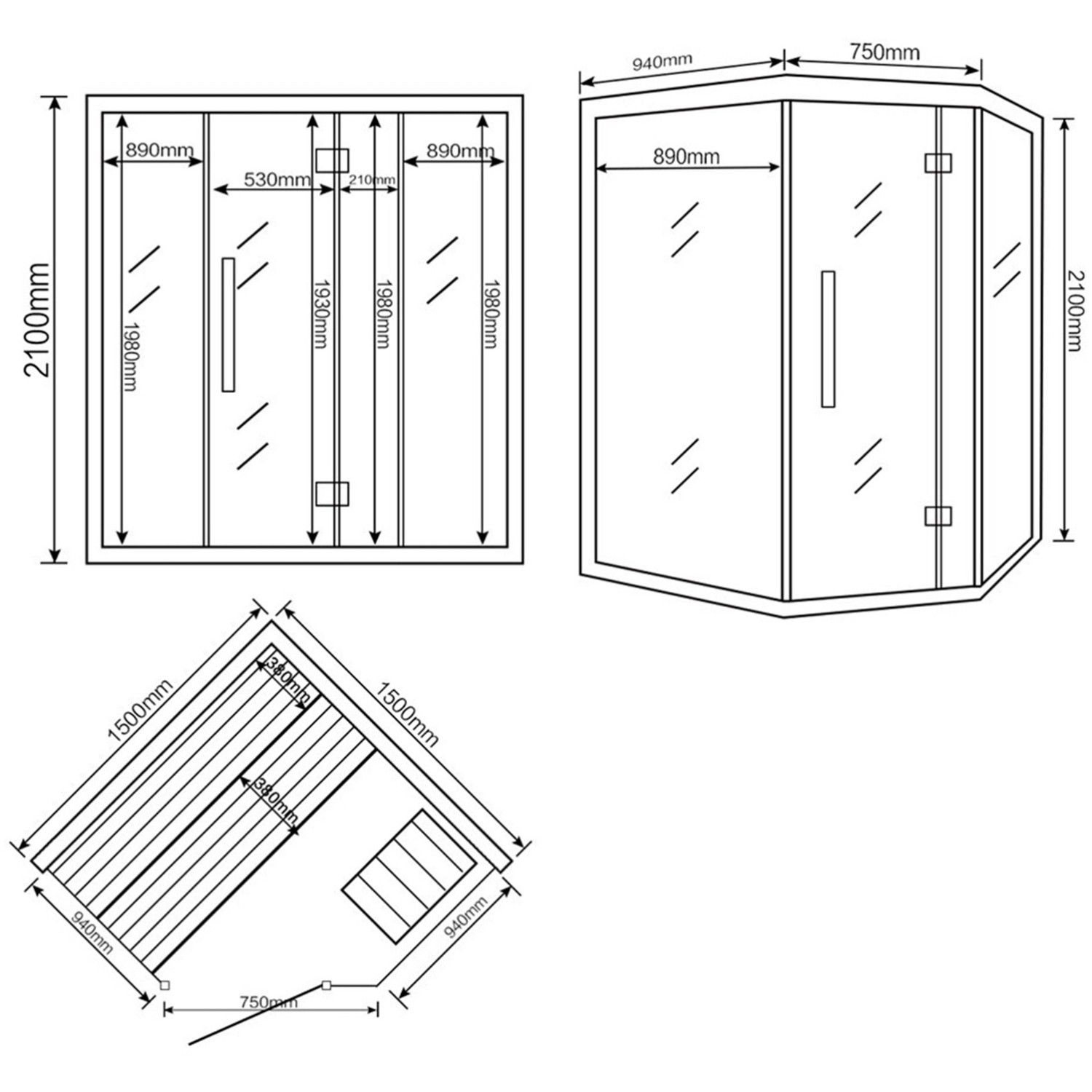 Skizze der traditionellen Sauna SKYLINE XL aus Tannenholz mit Maßen und Ansichten.