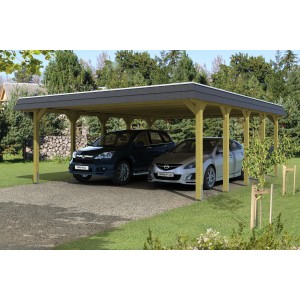 Skan Holz Doppelcarport Spreewald mit Walmdach und schwarzer Blende für zwei PKW.