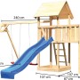 Karibu Spielturm Lotti mit Doppelschaukel, Anbauplattform und blauer Rutsche, Ansicht mit Maßen.