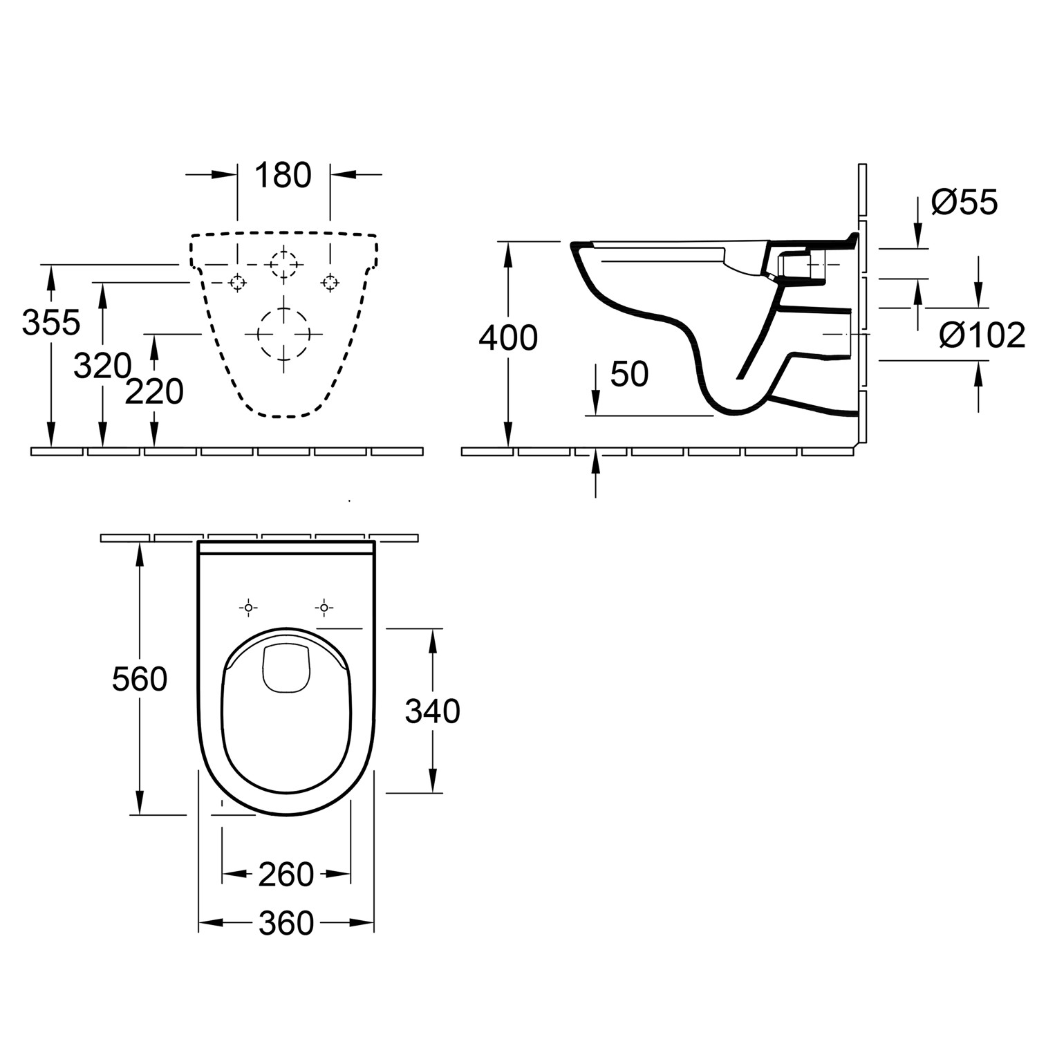 Technische Zeichnung Villeroy & Boch O.Novo Wand-WC Set mit Maßen für Installation.