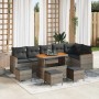 Graues 10-teiliges vidaXL Garten-Sofa-Set aus Poly Rattan mit Tisch und Kissen.