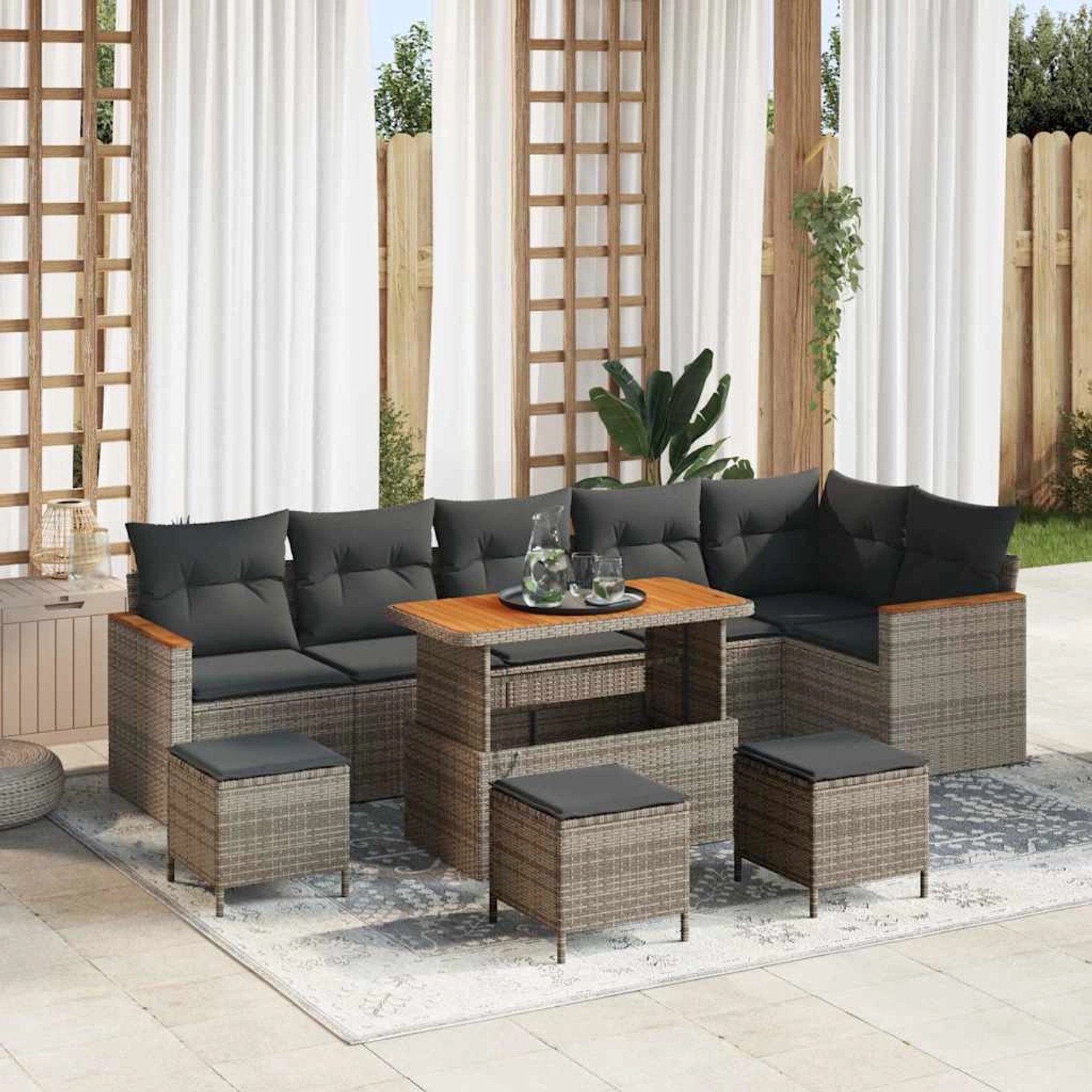 Graues 10-teiliges vidaXL Garten-Sofa-Set aus Poly Rattan mit Tisch und Kissen.
