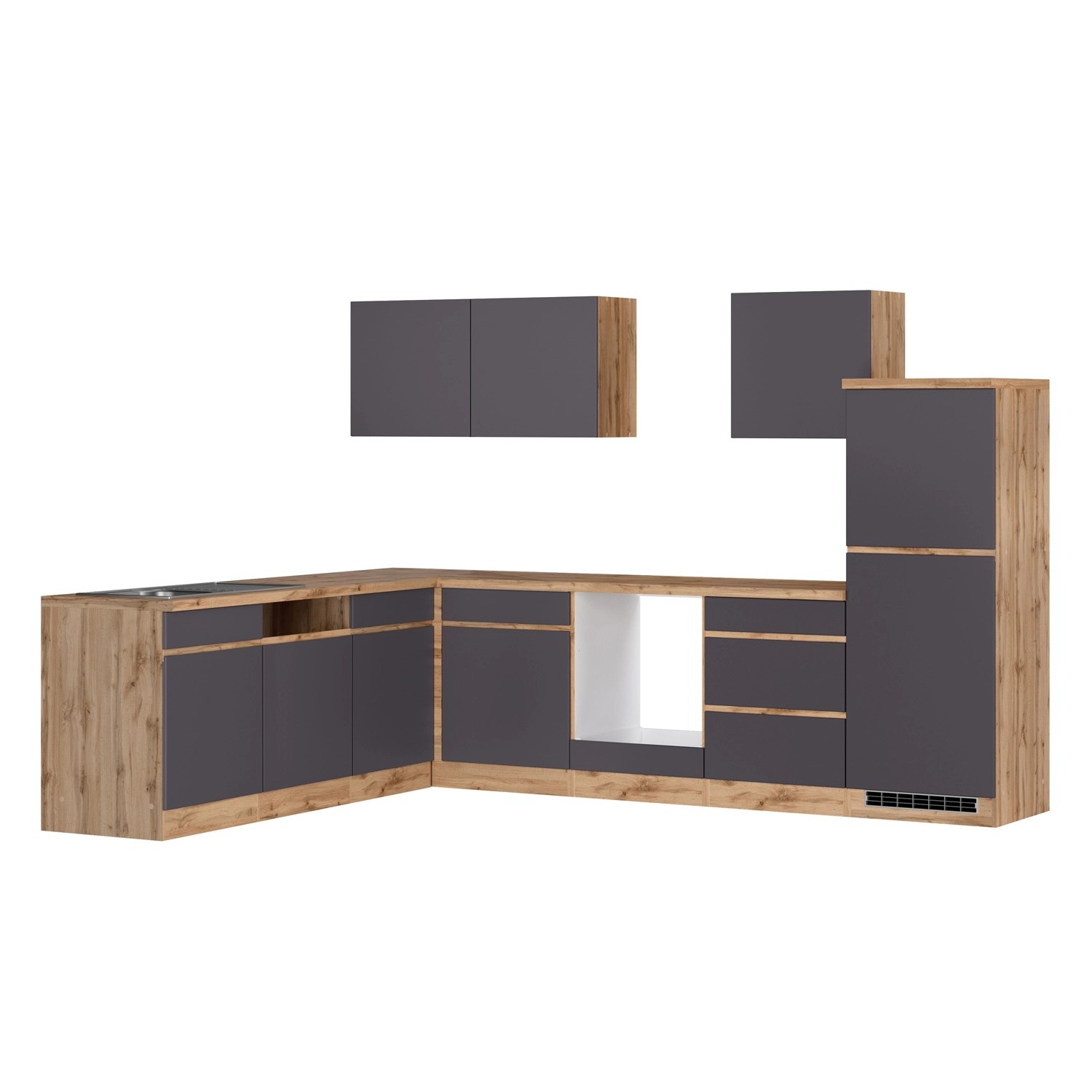 Moderne Held Möbel Winkelküche Turin in Graphit und Wotaneiche, ohne E-Geräte.