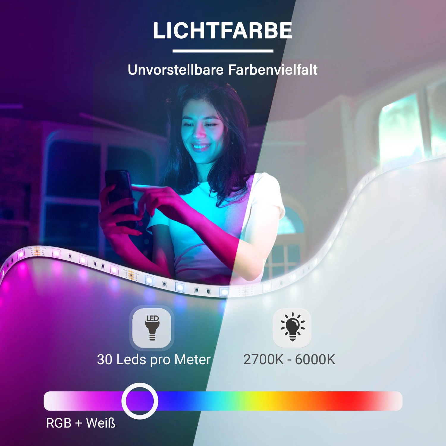 MegaLight Smart LED Strip leuchtet in bunten RGB/CCT Farben, gesteuert per Smartphone. Dimmbarer 3m LED-Streifen.