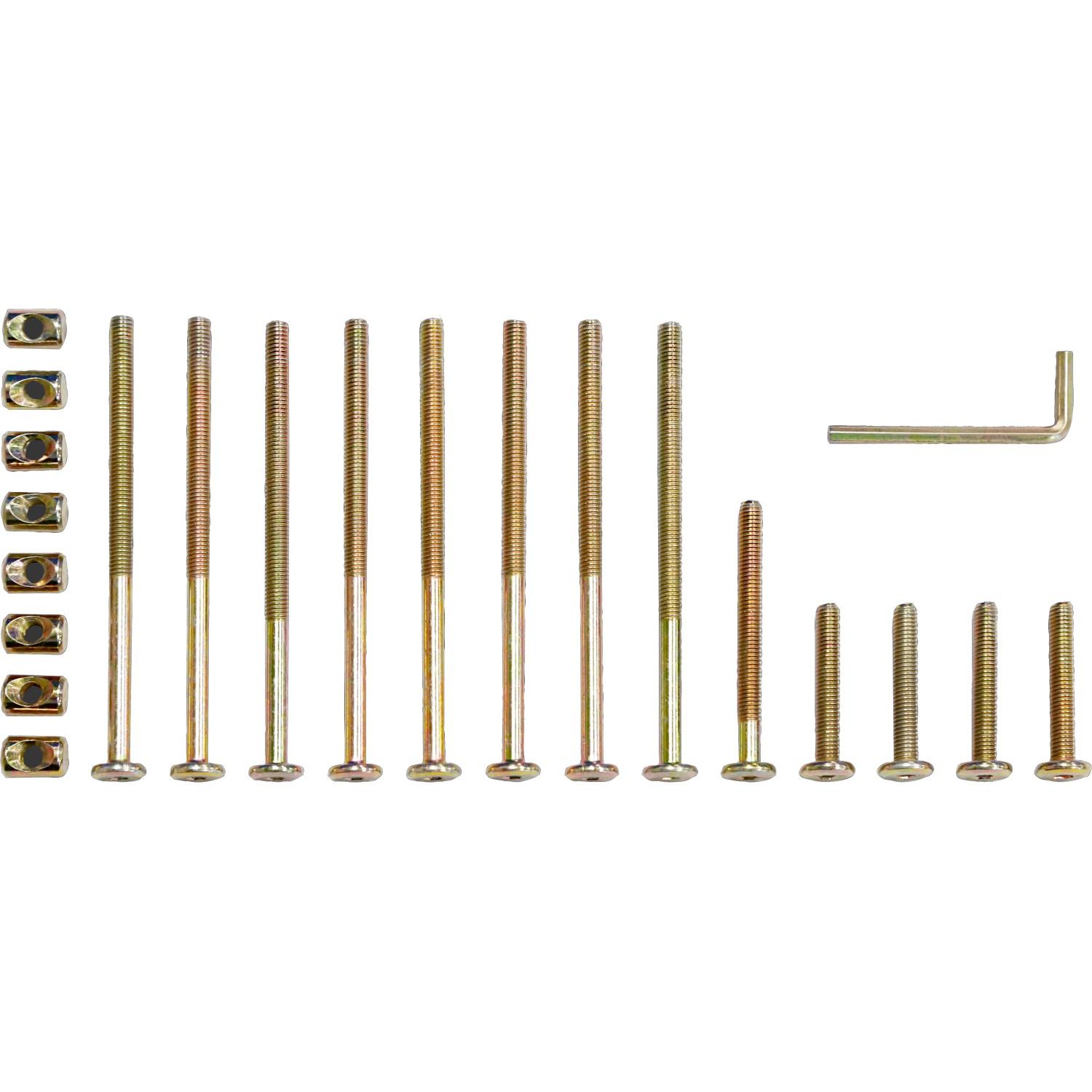 Montage-Set für Morenci Lounge-Eckgruppe: Schrauben, Muttern, Unterlegscheiben und Imbusschlüssel.