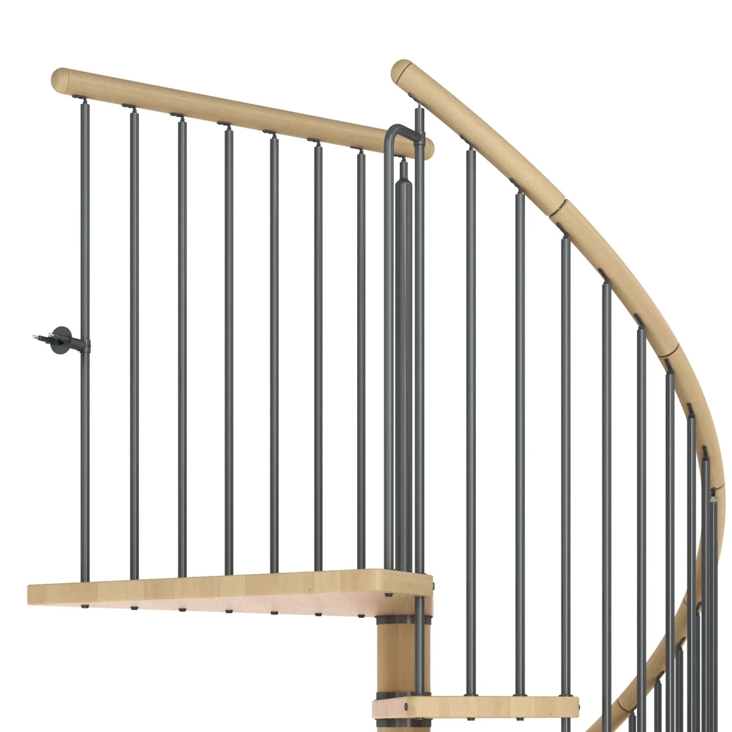Detailaufnahme der Dolle Spindeltreppe Winnipeg aus Buche mit Metallgeländer.