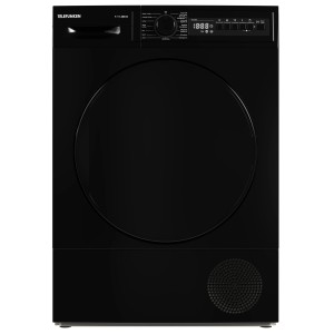 Schwarzer Telefunken Kondenstrockner (7kg) mit Display, Knitterschutz und Startzeitvorwahl.