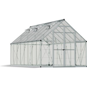 Silbernes Palram Canopia Balance 8x16 Gewächshaus mit klaren Seitenwänden.